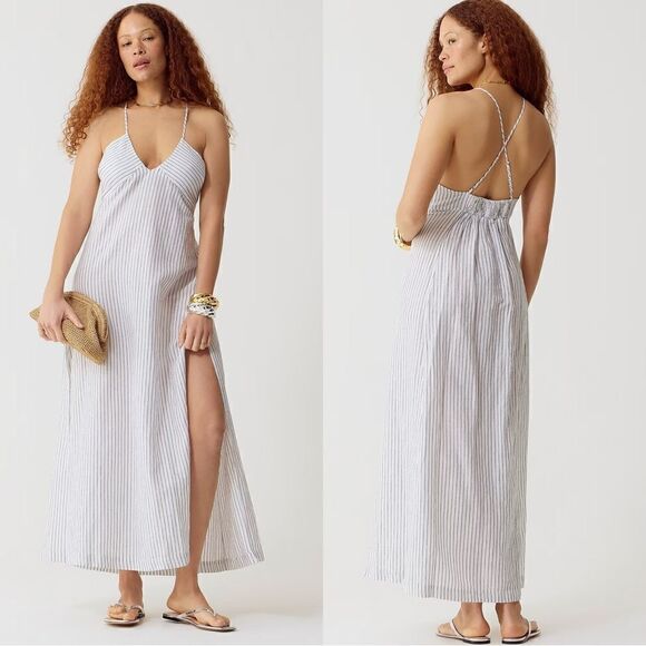 NWT J. Crew Cross-back beach dress in striped linen-cotton blend - Picture 1 of 10